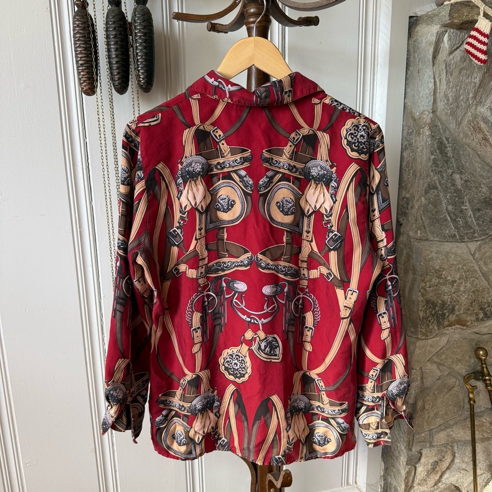 Vintage Silk Horse Bit Equestrian Print Red Button Down Blouse - Picture 5 of 5
